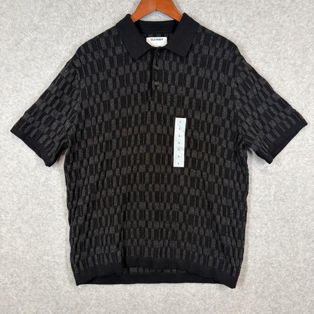 Old Navy Men's Large Black/Gray Knit Checkered Short Sleeve 3 Button Polo NWT